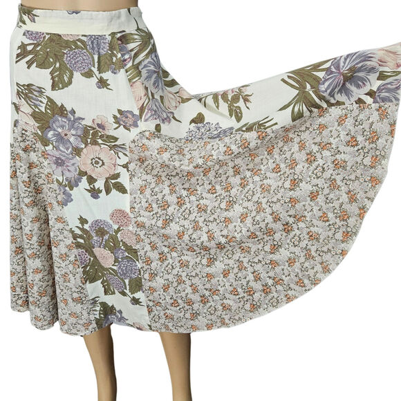 1960s Patchwork Brown Cream Handmade Floral Print Midi Mermaid Cut Skirt Size XS - Picture 2 of 8